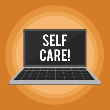 Kendini Bakımı gösteren Not yazma. Eylem korumak ya da onların kendi sağlık laptop ızgara tasarım klavye ekranı ile pastel zemin üzerinde geliştirmek alma uygulama iş fotoğraf vitrine.