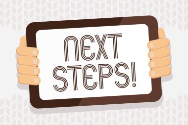 Sonraki adımlar yazma el yazısı metni. Kavramı başka bir şey bitirdikten sonra yaptığınız bir şey anlamı Gadget 'ın arkasındaki boş ekran Handheld ile renk tablet smartphone.