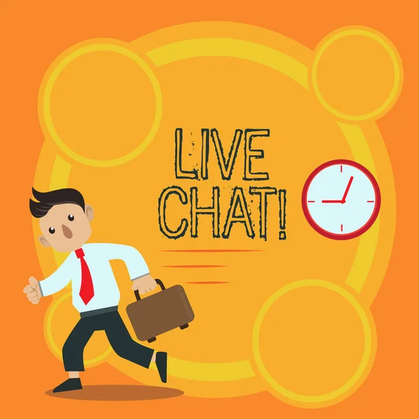 Nota di scrittura che mostra Live Chat. Business photo showcase Servizio Web che consente alle aziende o agli amici di comunicare Man Carrying Carefcase Walking Passato l'orologio da parete analogico . — Foto Stock