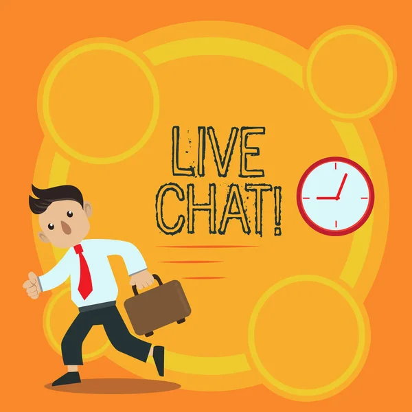 Writing note showing Live Chat. Business photo showcasing Web service that allows businesses or friends to communicate Man Carrying Briefcase Walking Past the Analog Wall Clock.