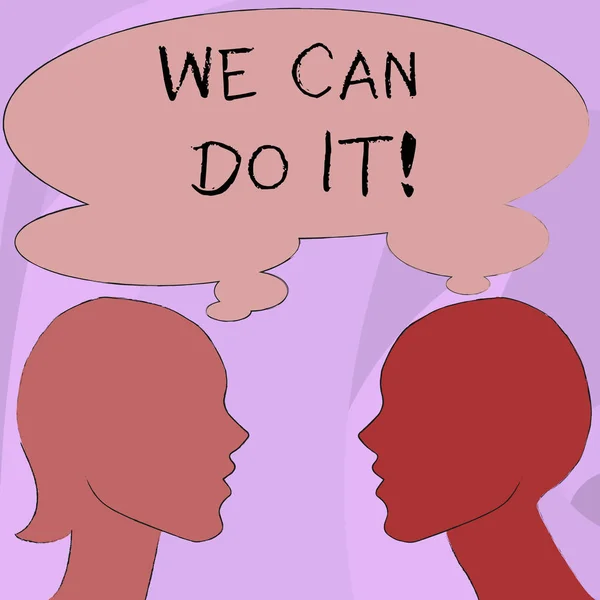 Text sign showing We Can Do It. Conceptual photo see yourself as powerful capable demonstrating Silhouette Sideview Profile Image of Man and Woman with Shared Thought Bubble. — Stock Photo, Image