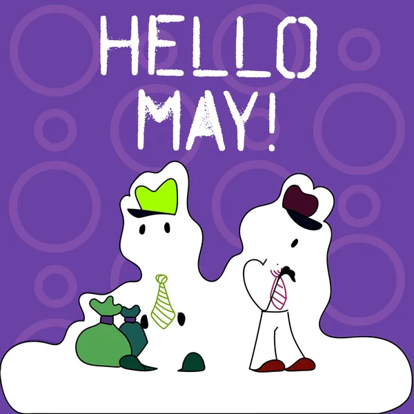 Escribir texto a mano Hello May. Concepto que significa quinto año de bienvenida mes considerado el mes pasado de la primavera Figura de dos hombres de pie con bolsa de bolsa en el estilo de etiqueta engomada blanca efecto de nieve . — Foto de Stock