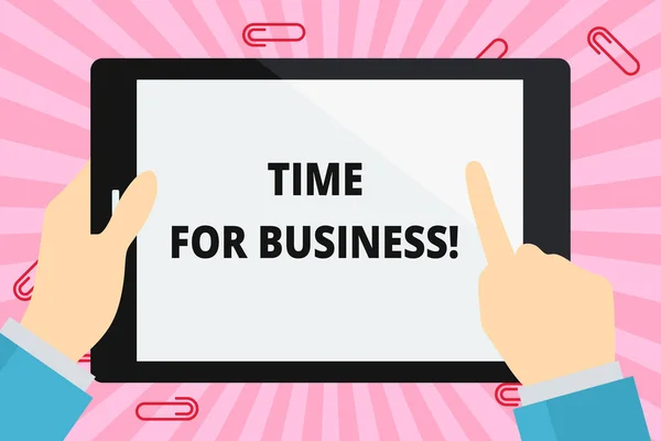 Psaní textu v textovém formátu Time for Business. Obchodní koncepce pro plnění transakcí v období slíbené klientovi ruční přidržování ukazující dotek prázdné obdélníkové barvy Tablet bílá obrazovka. — Stock fotografie