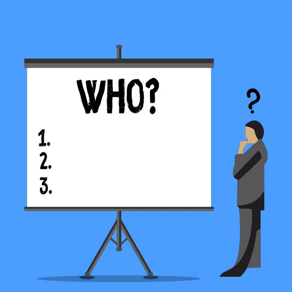 Woord schrijven tekst Whoquestion. Business concept voor het vragen om specifieke naam van iemand laten zien demonstratingality zakenman met vraagteken boven zijn hoofd staande naast leeg scherm. — Stockfoto