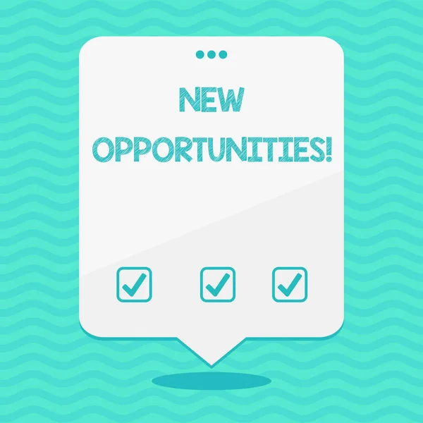 Text sign showing New Opportunities. Conceptual photo exchange views condition favorable for attainment goal Blank Space White Speech Balloon Floating with Three Punched Holes on Top.