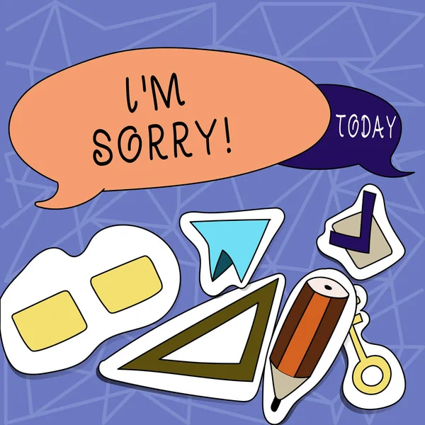 Text sign showing I M Sorry. Conceptual photo telling someone that you are ashamed or unhappy about something Two Blank Colorful Speech Balloon and Different Labels Sticker Style Icons. — Stock Photo, Image