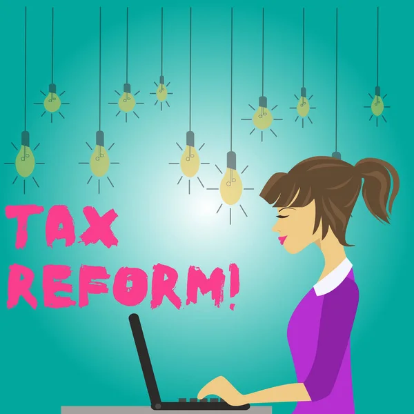 Word writing text Tax Reform. Business concept for process of changing way taxes are collected by government photo of Young Busy Woman Sitting Side View and Working on her Laptop. — Stock Photo, Image