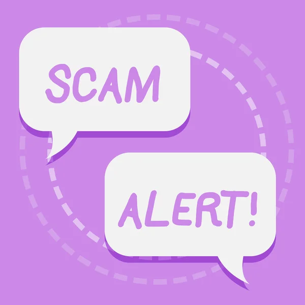 Handwriting text writing Scam Alert. Concept meaning illegal trick usually with purpose of getting money from showing Two Blank White Speech Balloon Engaging in Conversation on Pastel Backdrop. — Stock Photo, Image