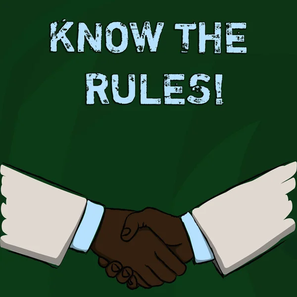 文字写作文本知道规则。理解条款和条件的商业理念得到律师的法律咨询--商人坚定地握手作为问候和协议的手势形式. — 图库照片