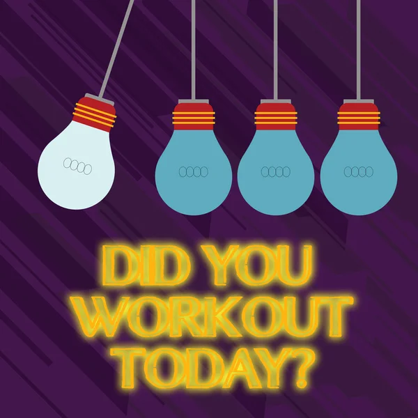 Word writing text Did You Workout Today. Business concept for asking if made session physical exercise Color Incandescent Pendant Bulb Hanging with One Different Shade Lightbulb. — Stock Photo, Image