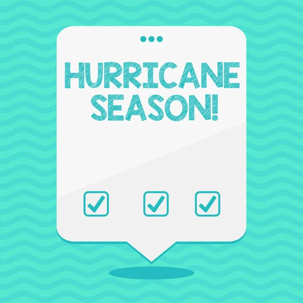 Text sign showing Hurricane Season. Conceptual photo time when most tropical cyclones are expected to develop Blank Space White Speech Balloon Floating with Three Punched Holes on Top.