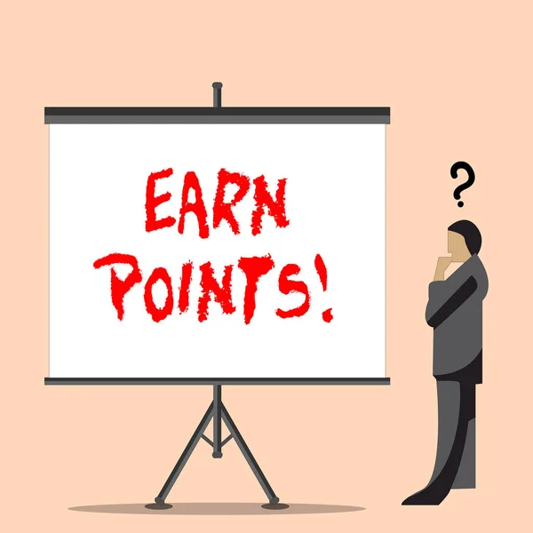 Word writing text Earn Points. Business concept for collecting big scores in order qualify to win big prize Businessman with Question Mark Above his Head Standing Beside Blank Screen.