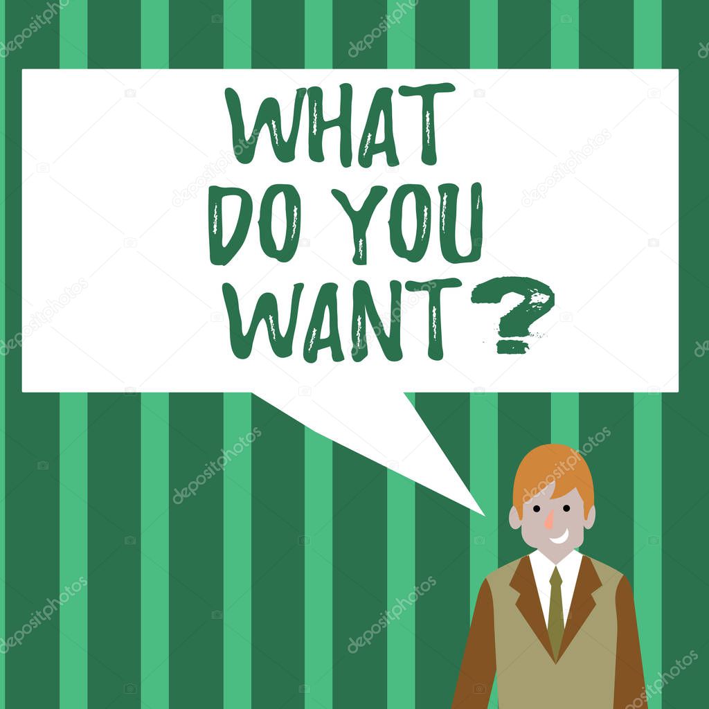 Word writing text What Do You Want Question. Business concept for say or write in order to ask demonstrating about something Businessman Smiling and Talking with Blank Rectangular Color Speech Bubble.
