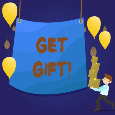 Hediye al gösteren Not yazma. İş fotoğrafı iade bir şey almadan vermek bir şey vitrine adam orta balonlar içinde tarpaulin ile kutular yığını taşıma.