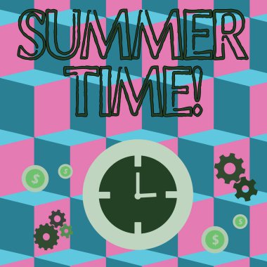 Yaz saati gösteren Not yazma. İş fotoğraf vitrine uzun akşam gün ışığından yaz ayar saatleri saat Ahead zaman yönetimi simgeleri saat, COG tekerlek Gears ve dolar ulaşmak.