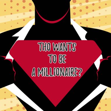 Kavramsal el yazma tho bir milyoner olmak Istiyor gösteren. İş fotoğrafı metni bilgi uygulayarak daha fazla para kazanın adam boş üçgen logosu ortaya çıkarmak için gömlek açılışı.