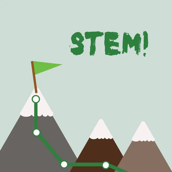 Signo de texto que muestra Stem. Foto conceptual Desarrollo destrucción de embriones huanalysis para la ciencia y la investigación Tres montañas con sendero de senderismo y nieve blanca Top con bandera en un pico . —  Fotos de Stock