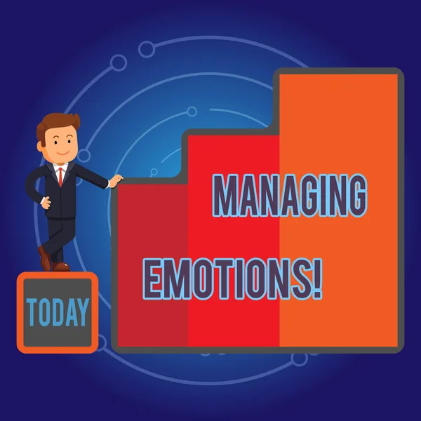 Pisanie notatki pokazano zarządzanie emocje. Business Photo gablota zdolność być otwarta na uczucia i modulować je w sobie biznesmen przedstawienie wzrostu i sukcesu w kolumnach wykresu. — Zdjęcie stockowe