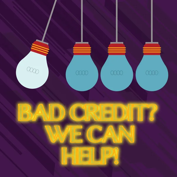 Word writing text Bad Credit Question We Can Help. Business concept for offering help after going for loan then rejected Color Incandescent Pendant Bulb Hanging with One Different Shade Lightbulb.