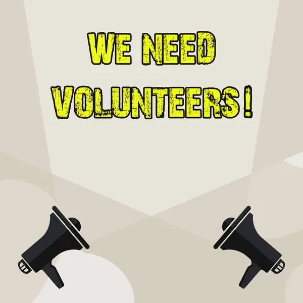 Conceptual hand writing showing We Need Volunteers. Business photo showcasing someone who does work without being paid for it Blank Spotlight Crisscrossing Upward Megaphones on the Floor. — Stock Photo, Image