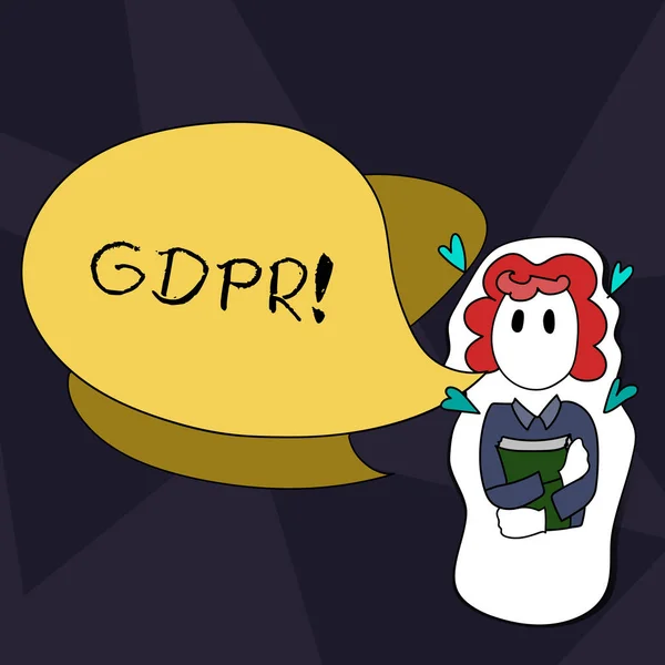 Text psaný rukou psaní Gdpr. koncepce význam Všeobecná ochrana dat regulace soukromí právní předpisy EU kompatibilita dívka holdingová kniha s malou srdcí kolem sebe a dvě barevná bublina řeč. — Stock fotografie