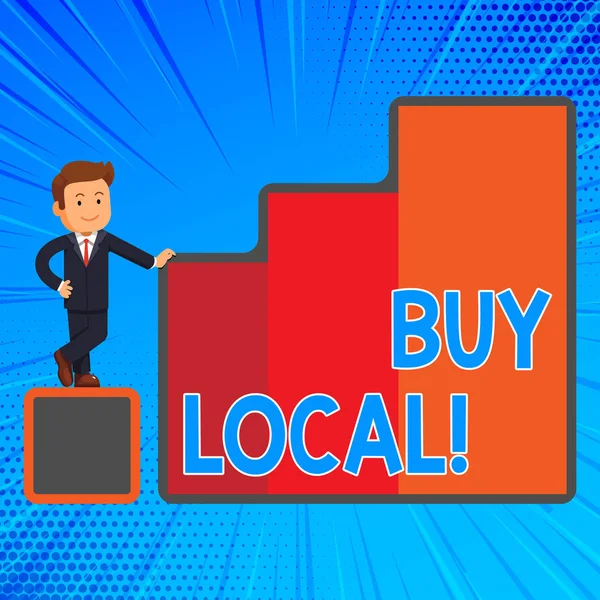 Handwriting text writing Buy Local. Concept meaning purchase locally produced goods and services over farther away Happy Businessman Presenting Growth and Success in Rising Bar Graph Columns.