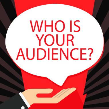 Dinleyici soru kim olduğunu metin yazma Word. Kim izliyor ya da onu dinliyor için iş konsepti bağış el Işareti simgesi ve konuşma kabarcık için Supine pozisyonda Palm up.