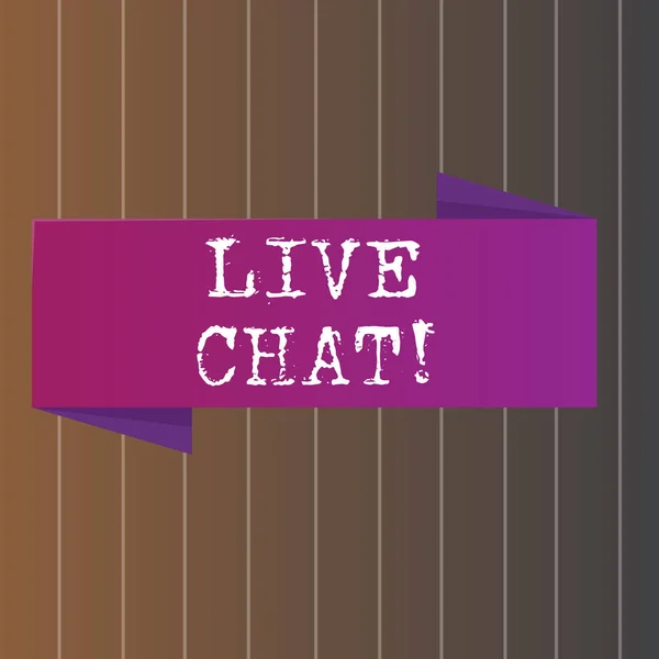 Text sign showing Live Chat. Conceptual photo Web service that allows businesses or friends to communicate Blank Folded Color Banner photo on Vertically Striped Two Toned Backdrop.