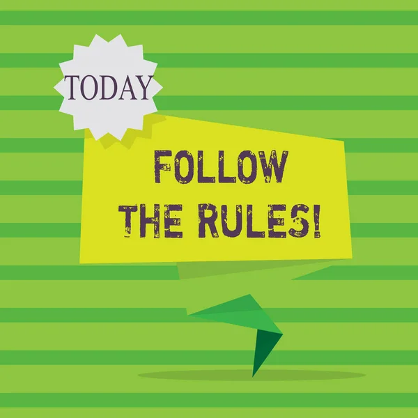 Wortschreibtexte folgen den Regeln. Business-Konzept für gehen mit Vorschriften für Verhalten oder Verfahren Leerraum grün zweifarbig gefaltet zurück Banner Streifen mit Siegel Stempel Aufkleber. — Stockfoto