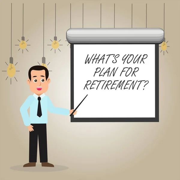Writing note showing What S Your Plan For Retirementquestion. Business photo showcasing Thought any plans when you grow old Man in Necktie Holding Stick Pointing White Screen on Wall. — Stock Photo, Image