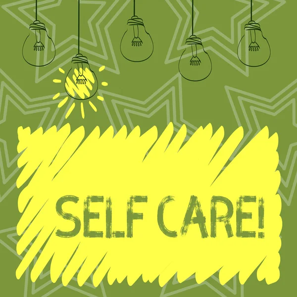 Handwriting text writing Self Care. Concept meaning practice of taking action preserve or improve ones own health Set of Transparent Bulbs Hanging with Filament and One is in Lighted Icon. — Stock Photo, Image