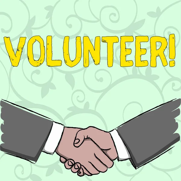 Pisanie pisma ręcznego wolontariusz. Pojęcie znaczenie wolontariat indywidualnych dla większej społecznej przyczyny służąc innym biznesmeni potrząsając ręce mocno jako forma gest pozdrowienia i umowy. — Zdjęcie stockowe