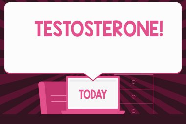 Testosteron gösteren metin işareti. Kavramsal fotoğraf erkek hormonları geliştirme ve stimülasyon spor madde boş büyük konuşma kabarcık Işaret beyaz laptop ekran içinde Workspace fikir.