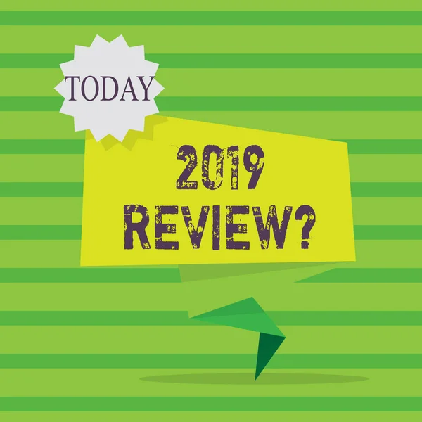 Word writing text 2019 Review Question. Business concept for remembering past year events main actions or good shows Blank Space Green Two Tone Folded Back Banner Strip with Seal Stamp Sticker. — Stock Photo, Image