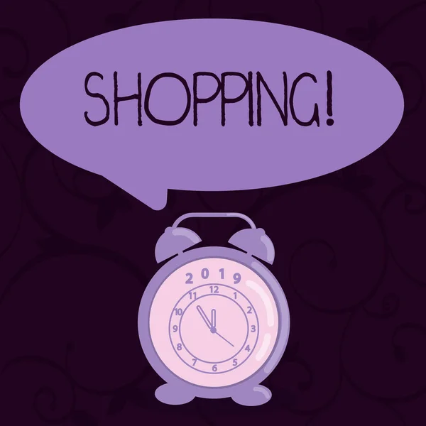 Conceptual hand writing showing Shopping. Business photo text Shopper customer purchase goods products store experience Speech Balloon Pastel Shade and Colorful Analog Alarm Clock. — Stock Photo, Image