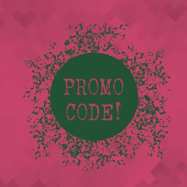 Conceptual hand writing showing Promo Code. Business photo text consisting letters numbers consumers can enter obtain discount Disarrayed Jumbled Musical Notes Icon with Colorful Circle.