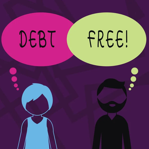 Text sign showing Debt Free. Conceptual photo does not owning any money or things to any individual or companies Bearded Man and Woman Faceless Profile with Blank Colorful Thought Bubble. — Stock Photo, Image