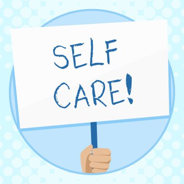 Kendini Bakımı gösteren kavramsal el yazısı. Eylem korumak ya da kendi sağlık el holdıng Placard Handle sosyal farkındalık tarafından desteklenen geliştirmek iş fotoğraf metin uygulaması.