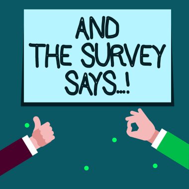 Kelime yazma metin ve anket diyor. İnternet üzerinde kısa quiz veya sınav yazılı sözlü sonuçlar için iş kavramı Iki Işadamları eller The thumbs yukarı ve okay Imza için promosyon için Gesturing.