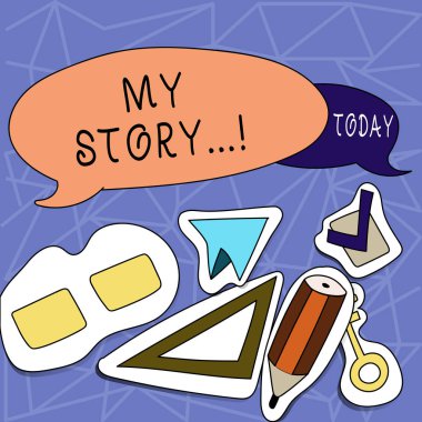 My Story gösterilen metin işareti. Kavramsal geçmiş yaşam olayları eylemler kariyer fotoğraf veya seçimler yapmış olduğunuz iki boş renkli konuşma balonu ve farklı etiketleri etiket stili simgeler.
