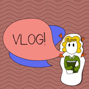 Word metin yazma Vlog. İş kavramı eğlenceli multimedya kendi yayın haber hikayeleri kız elinde kitapla küçük kalpler etrafında onu ve iki renk konuşma balonu bildirdiği için.