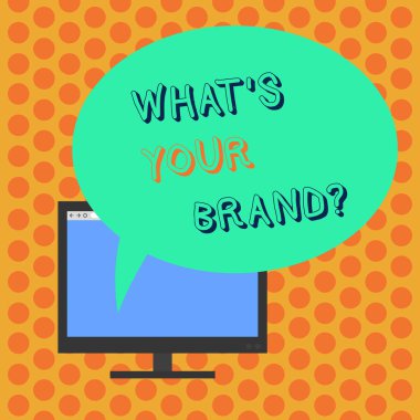 Ne S Your marka gösterilen not yazma. İş fotoğraf vitrine Oval renk konuşma balonu ile bilgisayar monitörü boş ekran monte pazarlama şirket işletme olarak kimliğinizi bize bildirin.