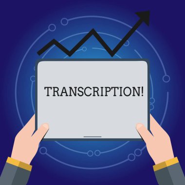 Transkripsiyon gösterilen not yazma. Yazılı veya transkripsiyonu kelime metin ses el Holding Tablet ilerici ok gidiş yukarıya doğru altında yazdırılan işlemi vitrine iş fotoğraf.
