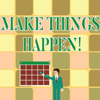 Metin işareti yapmak şeyler gösteriliyor. Kavramsal fotoğraf işadamı gülümseyen ve işaretleme Star asmak duvar ile renkli Takvim'e ulaşmak için zor bir çaba gerekir.