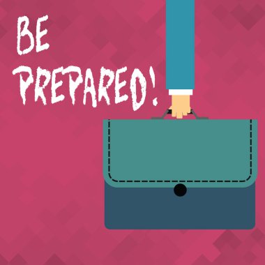 Word metin yazma hazır olun. İçin yapmak ya da bir şey ile en kısa sürede başa çıkmak hazır iş kavramı işadamı el taşıyan renkli çanta portföy ile dikiş aplike istiyorum.