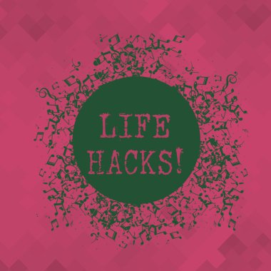 Kavramsal el Yaşam Hacks gösterilen yazma. İş fotoğraf metin tekniği analysisage olanlar zaman ve günlük faaliyetleri Disarrayed Jumbled müzikal notlar simgesini renkli daire ile kabul.