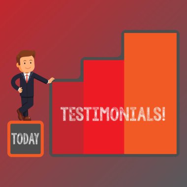 Conceptual hand writing showing Testimonials. Business photo showcasing Customers formal endorsement statement experience of someone Businessman Presenting Growth and Success in Graph Columns. clipart