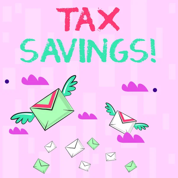 Writing note showing Tax Savings. Business photo showcasing means that you pay reduced amount of taxes than normal Colorful Airmail Letter Envelopes and Two of Them with Wings.