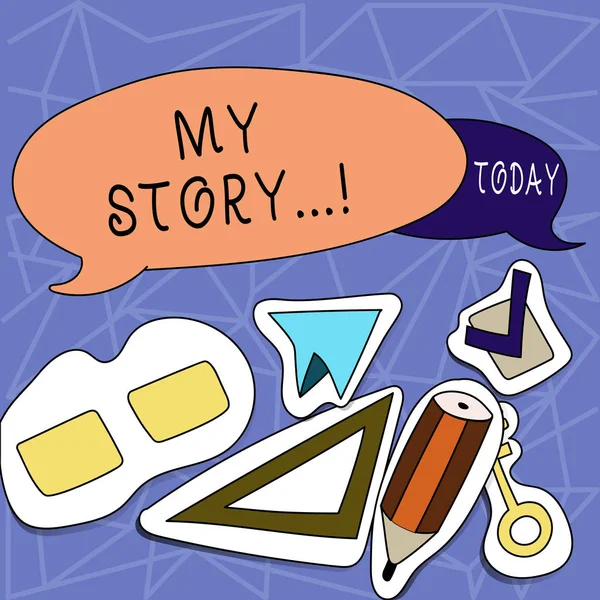 Text sign showing My Story. Conceptual photo your past life events actions career or choices you have made Two Blank Colorful Speech Balloon and Different Labels Sticker Style Icons. — Stock Photo, Image