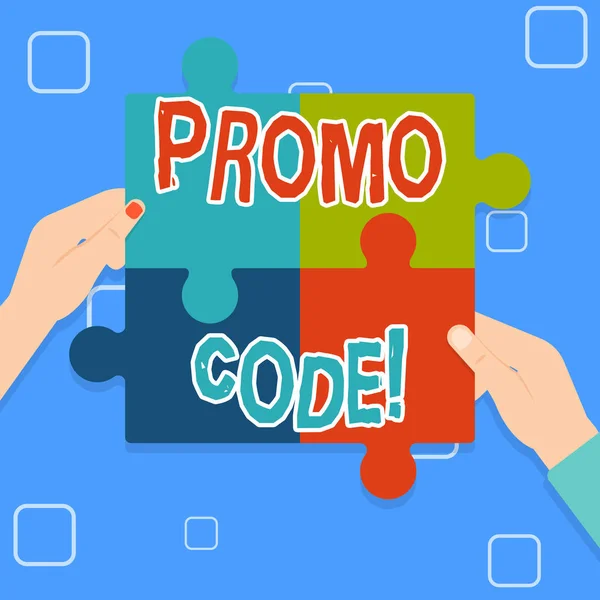 Writing note showing Promo Code. Business photo showcasing consisting letters numbers consumers can enter obtain discount Multi Color Jigsaw Puzzle Pieces Put Together by Human Hands.